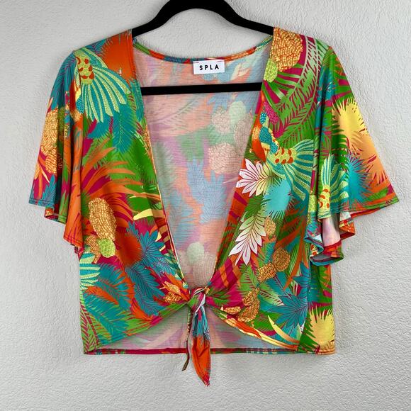 Green Multicolor Tropical Print Tie Front Flutter Sleeve Cropped Top Plus 3X NWT - Picture 11 of 13